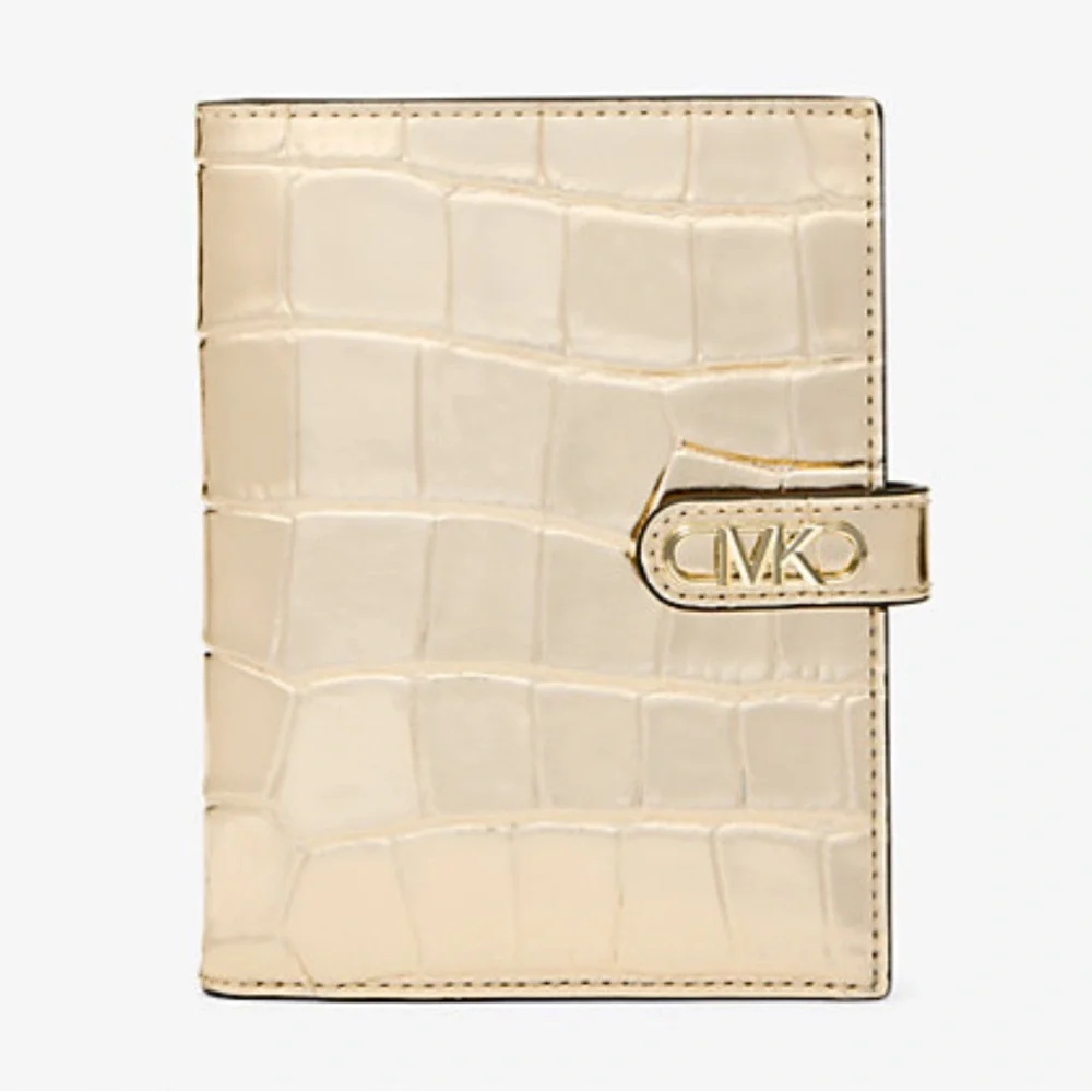 Michael Kors Empire Metallic Crocodile Embossed Leather Passport Wallet NWT